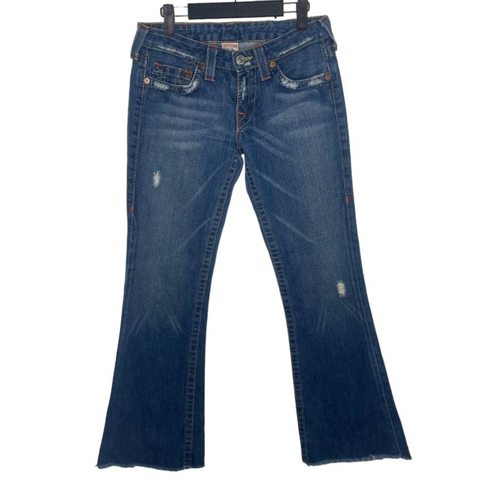 True Religion Joey Low Rise Flare Jeans Medium Wash Distressed Raw Hem Size 28
